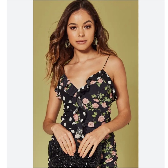 For Love And Lemons Mochi Shirred Mini Dress Black Floral Polka Print NWT XS - Picture 2 of 15